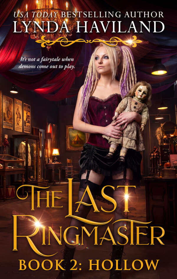 Harley (main character) holding creepy doll and standing in the museum