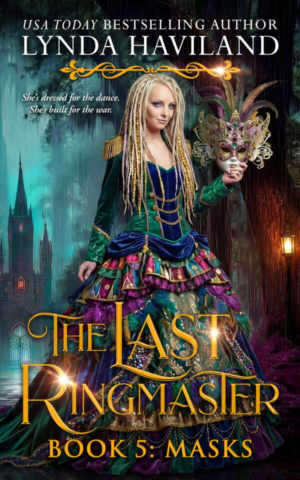 Main character Harley wearing a green and gold carnivale gown and holding a feathered mask
