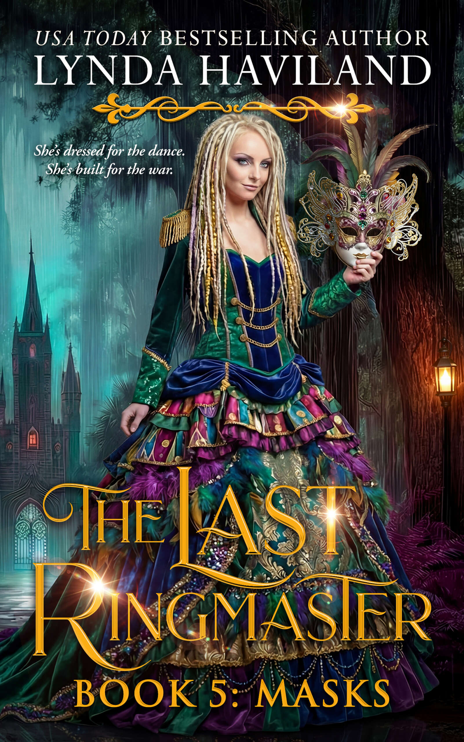Main character Harley wearing a green and gold carnivale gown and holding a feathered mask